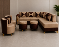 Leather Fabric Corner Sofa Set - Color: Beige With Brown Accents