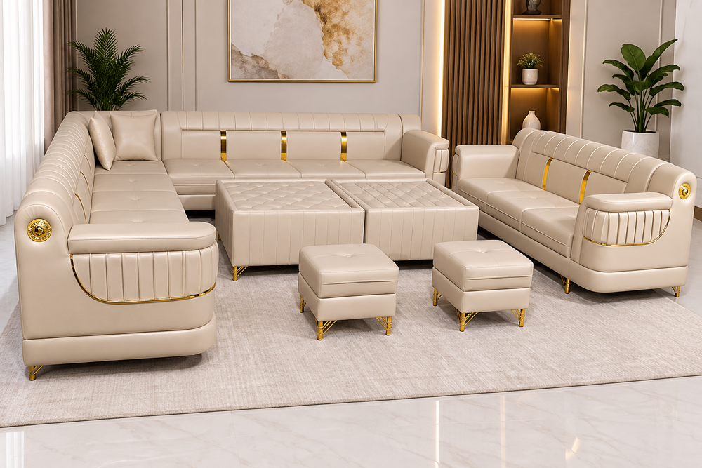 Imported Fabric Luxury Corner Sofa - Color: Light Grey With Accent Cushions