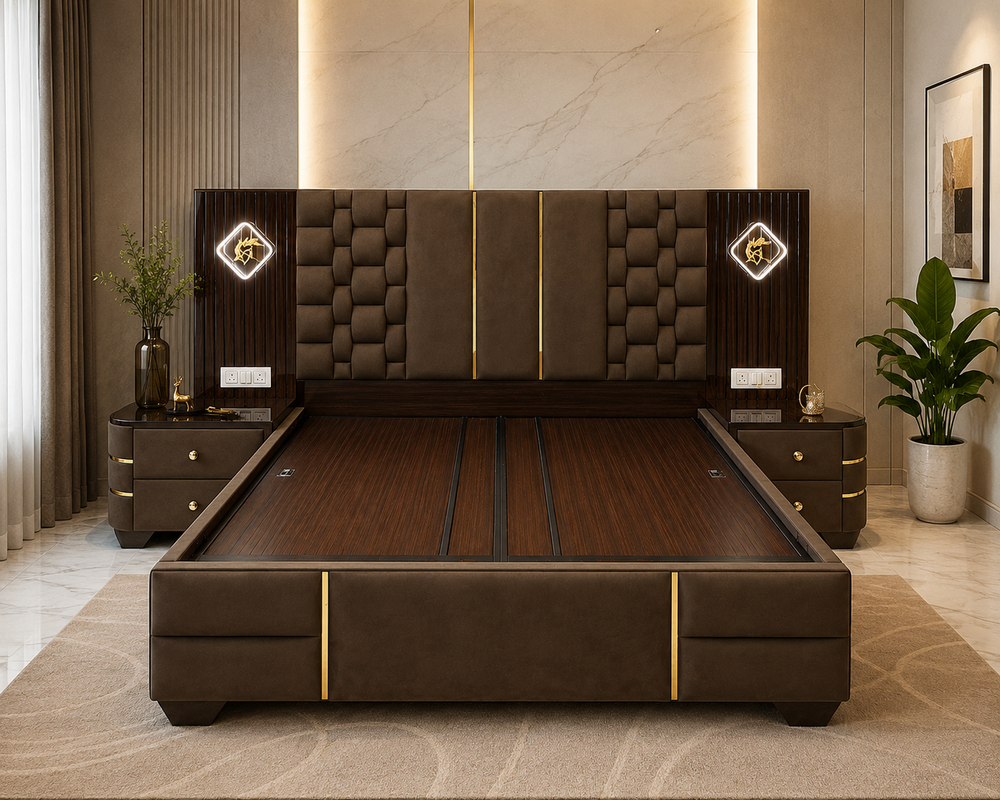 9 Feet 19 Mm Ply King Size Bed - Color: Natural Wood Finish