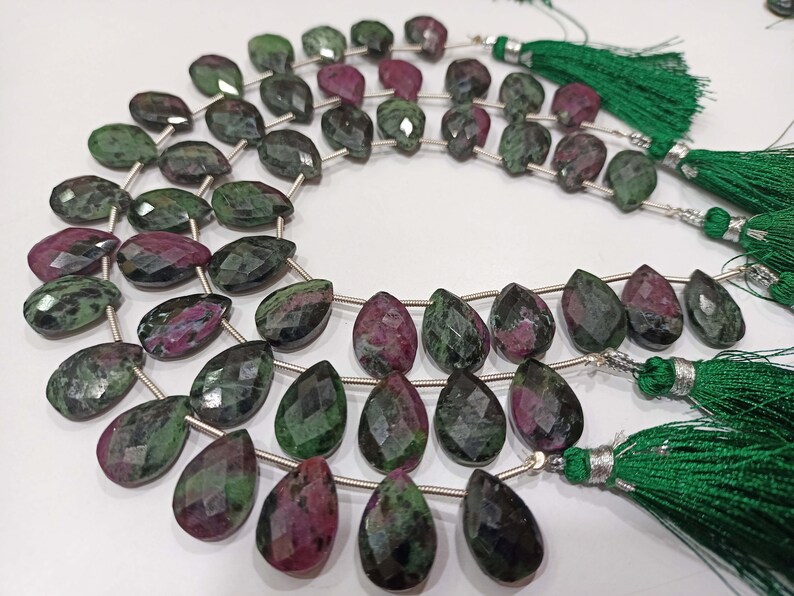 Natural Ruby Zoisite Pear shape Briolette 10x15mm Faceted Gemstone Beads Sold Per Strand 8 Inches long