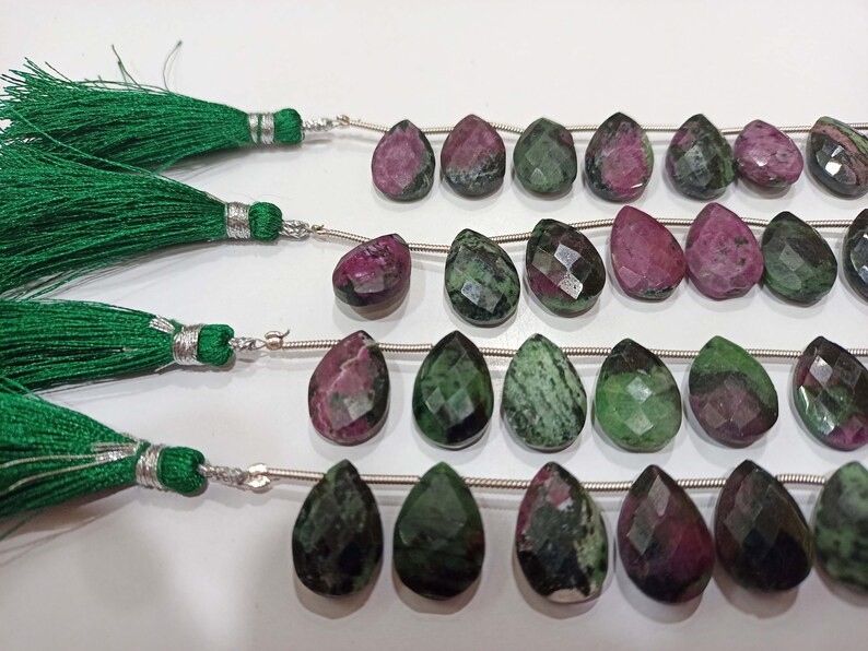 Natural Ruby Zoisite Pear shape Briolette 10x15mm Faceted Gemstone Beads Sold Per Strand 8 Inches long
