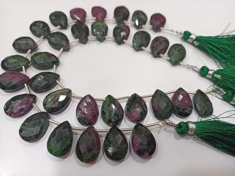Natural Ruby Zoisite Pear shape Briolette 10x15mm Faceted Gemstone Beads Sold Per Strand 8 Inches long
