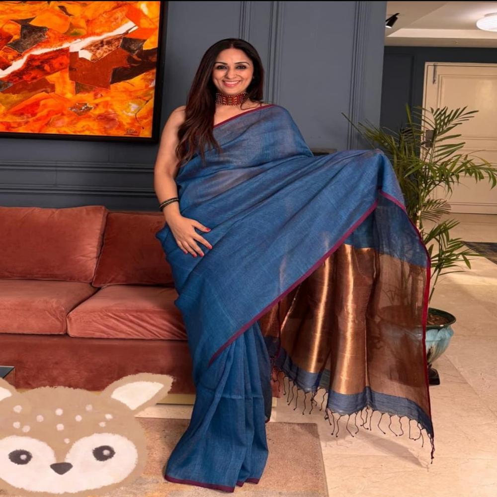 Lilen Zori Cheack Saree - Color: Multi-color (primary Color: Blue And Pink Checks With Golden Zori)