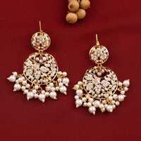 Jadaau Chandbali Earrings - Copper Alloy, 7cm Height, Antique Gold Polish, Kundan & Synthetic Stones, Synthetic Pearls, Push Back Closure