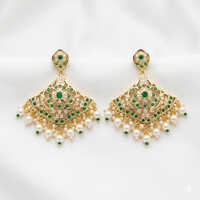 Gold Plated Jadaau Earrings - Copper Alloy, Medium 5-6 Cm, Antique Gold Finish | Floral Chandbali Motifs, Kundan & Enamel Detailing, Push Back