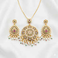 Multi Color Jadaau Pendant Necklace Set - Copper Alloy, Adjustable Length, Multi-color Stones, Antique Finish | Handcrafted Traditional Indian Design, Jhumka Earrings, Imitation Pearls