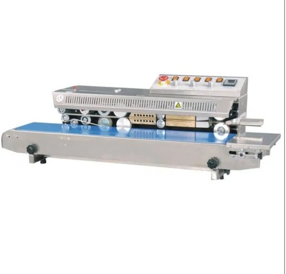 220v Stainless Steel Continuous Band Sealing Machine - 840x380x320mm , Electric Driven, 12 M/min Sealing Speed, Blue And Silver Finish