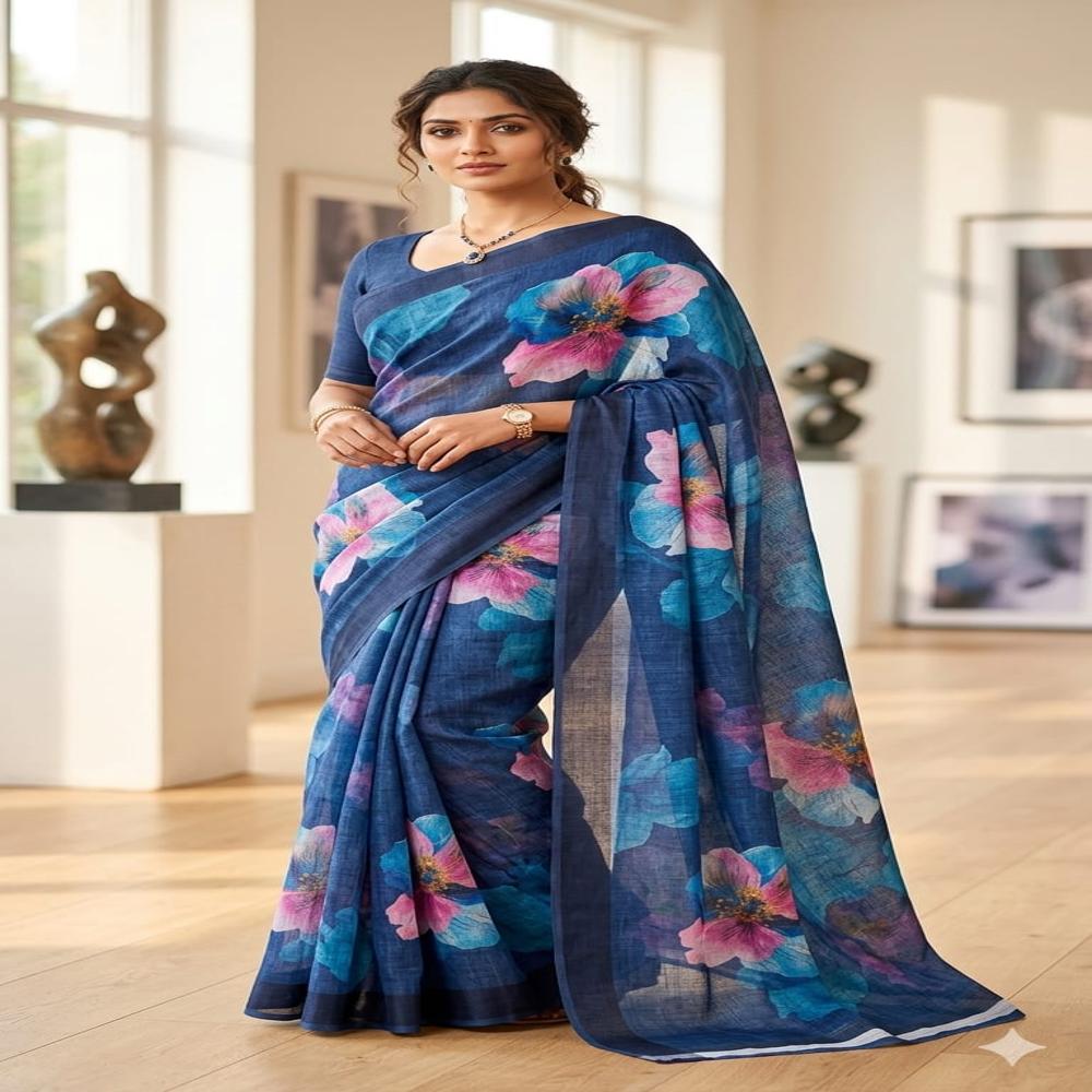 Linen 6.10 Cut Signal Matching Saree - Color: Multicolors