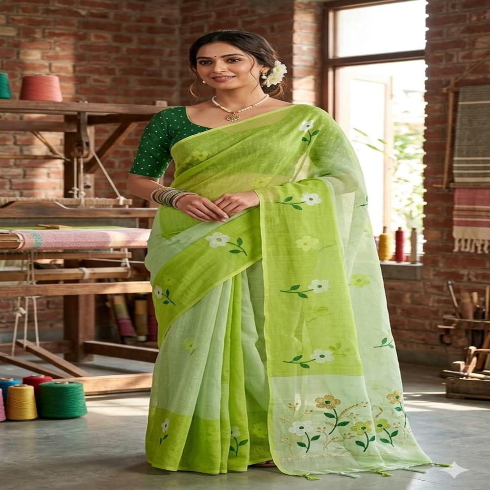Linen 6.10 cut signal matching saree