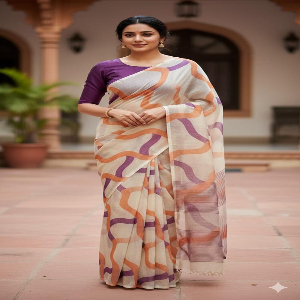 Linen 6.10 Cut Signal Matching Saree - Color: Multicolors