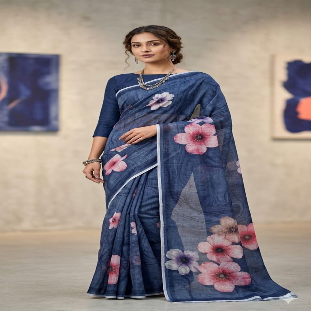 Linen 6.10 Cut Signal Matching Saree - Color: Multicolors
