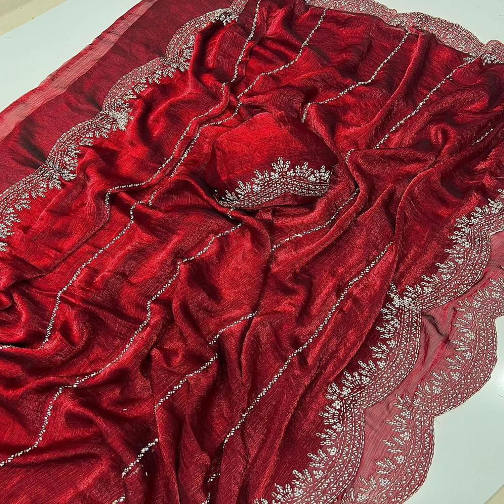 Fendi Chiffon Jar khan Dimond Work Saree With Running Blouse