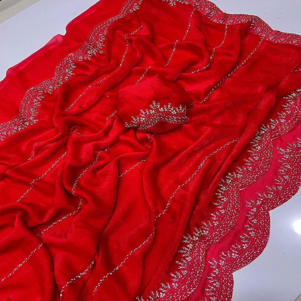 Fendi Chiffon Jar khan Dimond Work Saree With Running Blouse