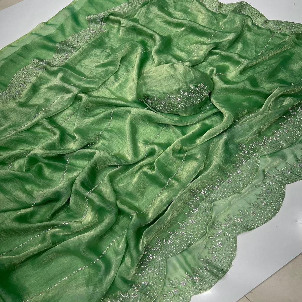 Fendi Chiffon Jar khan Dimond Work Saree With Running Blouse