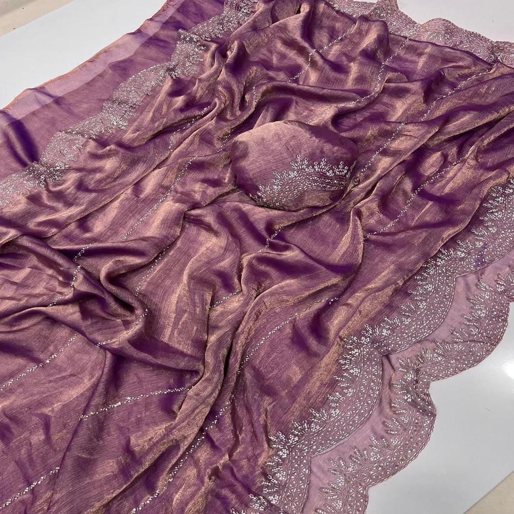 Fendi Chiffon Jharkhan Dimond Work Saree With Running Blouse 