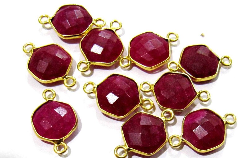5 Pcs Set Dyed Ruby Hexagon Shape 10 mm Briolette Connectors Double Loop