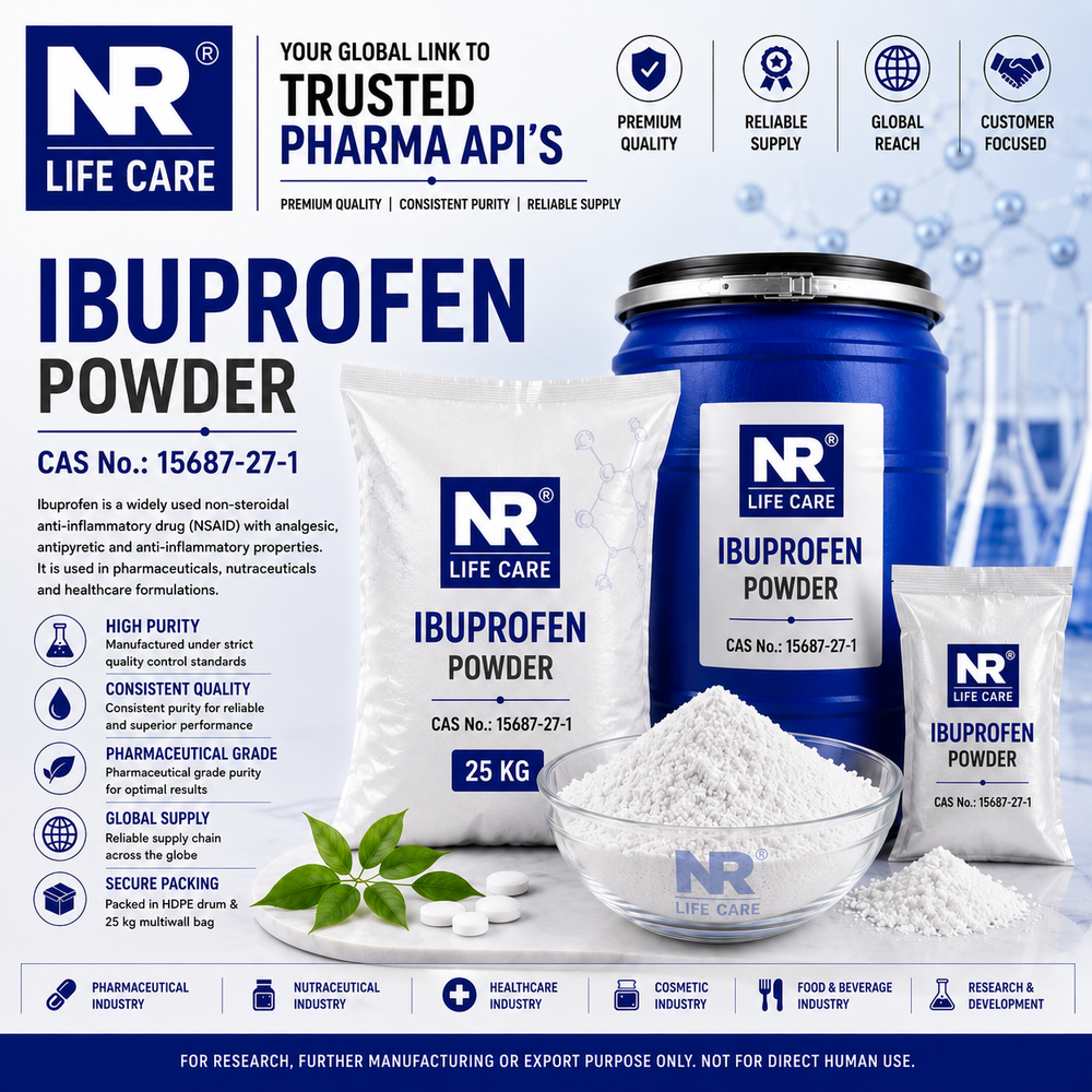 Ibuprofen IP BP - White Crystalline Powder 25 Kg Fiber Drum, 99.5% Purity, pKa 4.91, MP 75-78°C