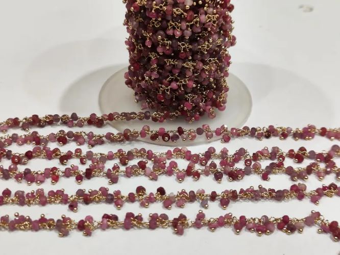 Natural Ruby Dangling Wire Wrapped Cluster 3mm Rondelle Faceted chain Sold Per Foot