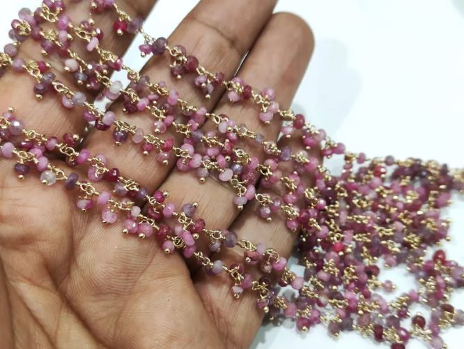 Natural Ruby Dangling Wire Wrapped Cluster 3mm Rondelle Faceted chain Sold Per Foot