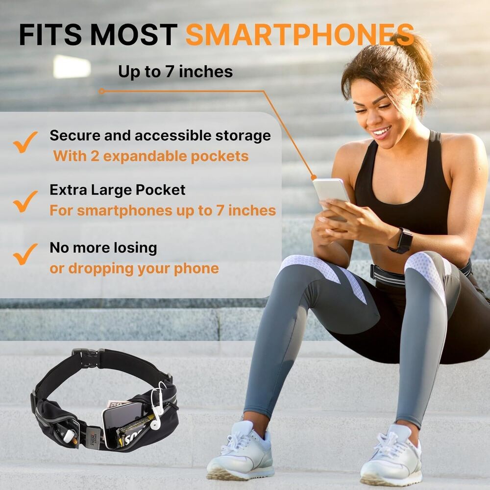 Running Belt for Men & Women with Splash-Resistant Phone Holder | 2-Pocket Waist Pack for Running, Jogging & Gym | Adjustable Running Fanny Pack Fits Most Smartphones