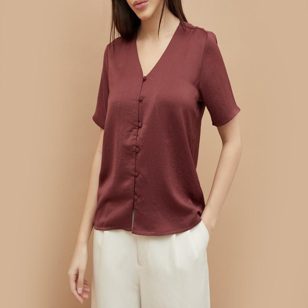 Womens Satin VNeck Button Down Top