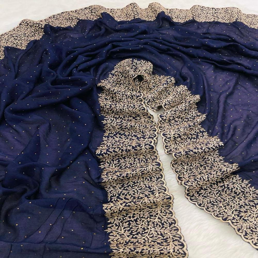 Blooming Vichitra silk With Zari Work And Stone Work