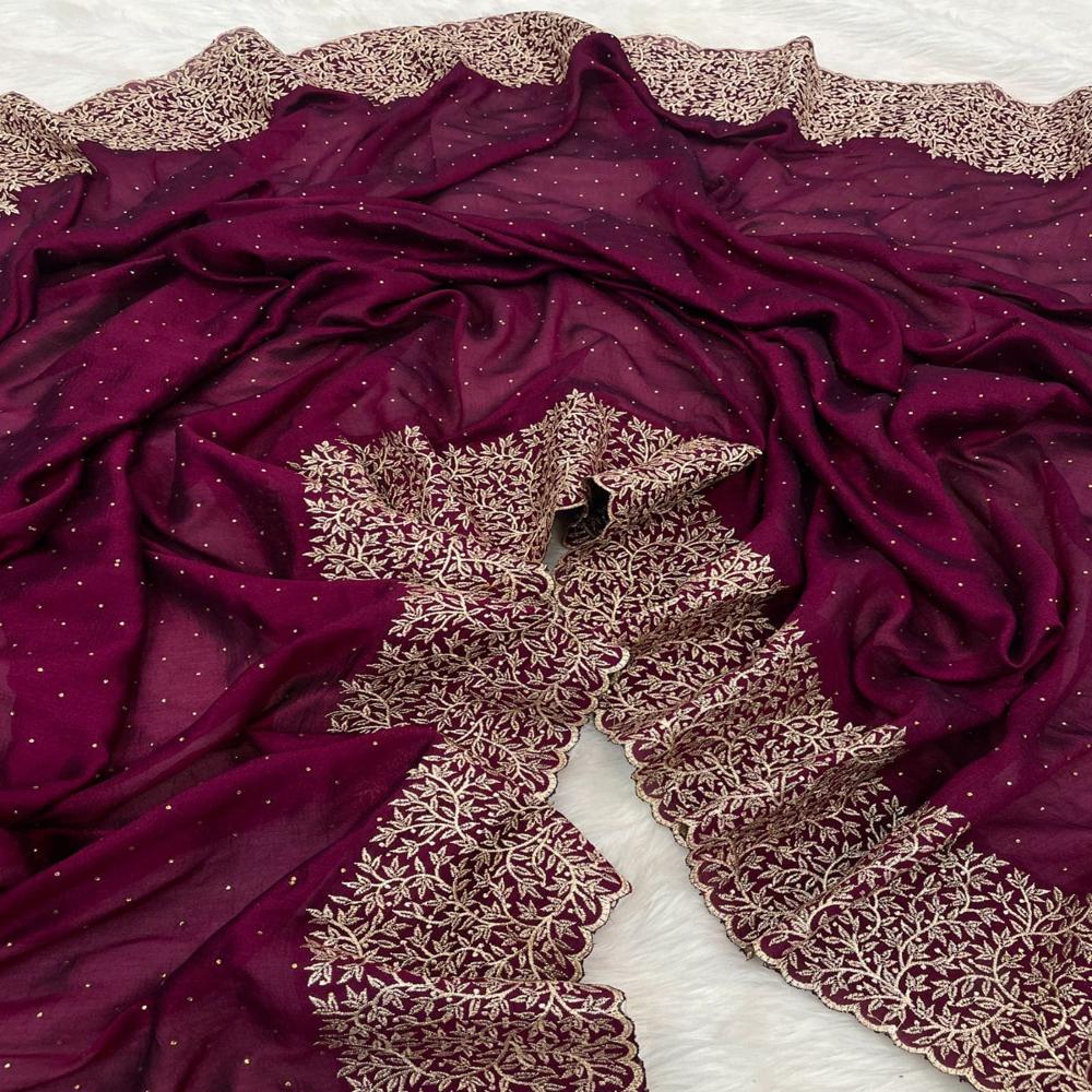 Blooming Vichitra silk With Zari Work And Stone Work