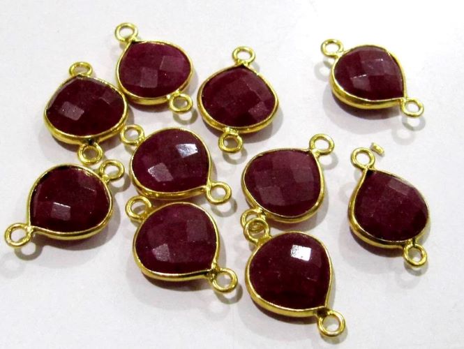 2 Piece Set Ruby Heart Shape Square 10 mm Briolette Connectors Double Loop Bezel Charms