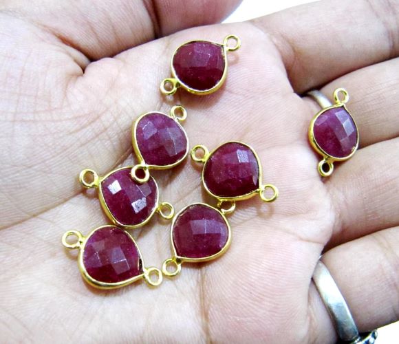 2 Piece Set Ruby Heart Shape Square 10 mm Briolette Connectors Double Loop Bezel Charms