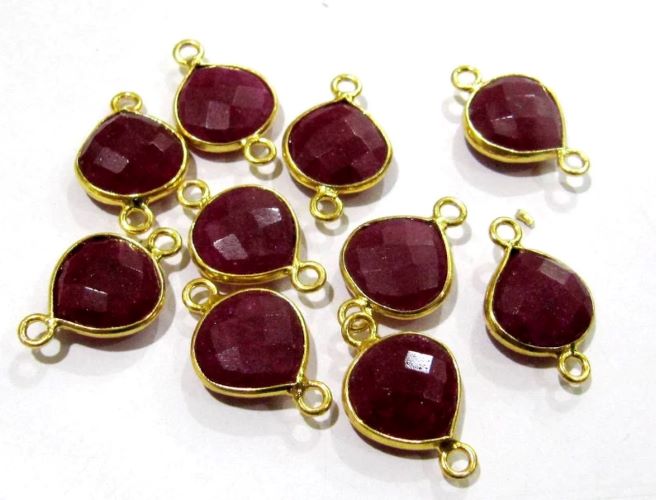 2 Piece Set Ruby Heart Shape Square 10 mm Briolette Connectors Double Loop Bezel Charms