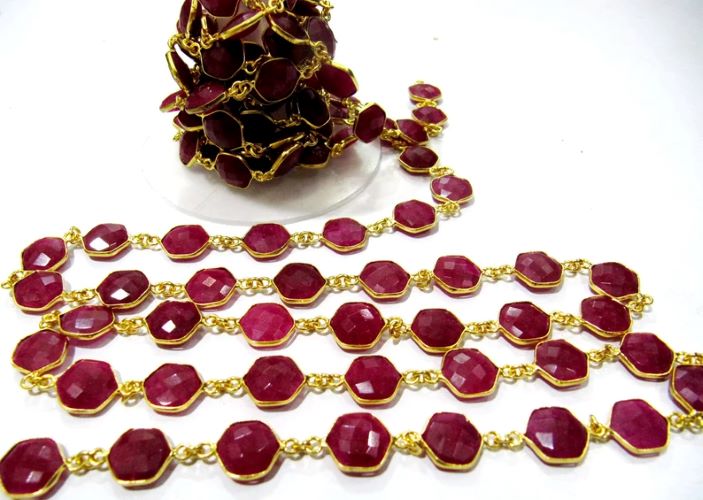 Dyed Ruby Hexagon Briolette Faceted Stone Bezel Connector Chain 10mm Sold Per Foot