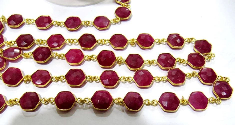 Dyed Ruby Hexagon Briolette Faceted Stone Bezel Connector Chain 10mm Sold Per Foot