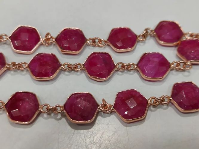 Dyed Ruby Hexagon Briolette Faceted Stone Bezel Connector Chain 10mm Sold Per Foot
