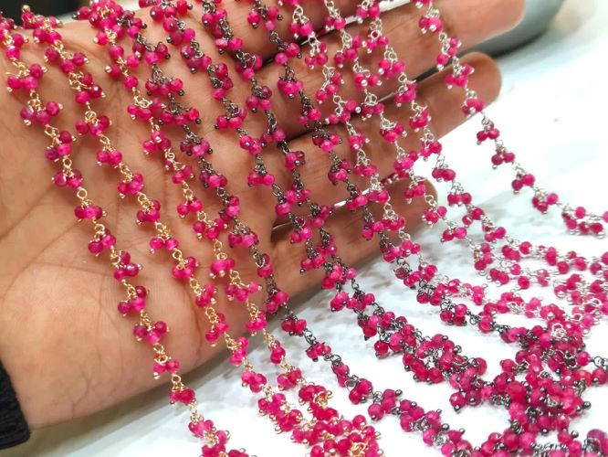 Ruby 3mm Rondelle Faceted Dangling Beaded Wire Wrapped Cluster Chains sold per foot