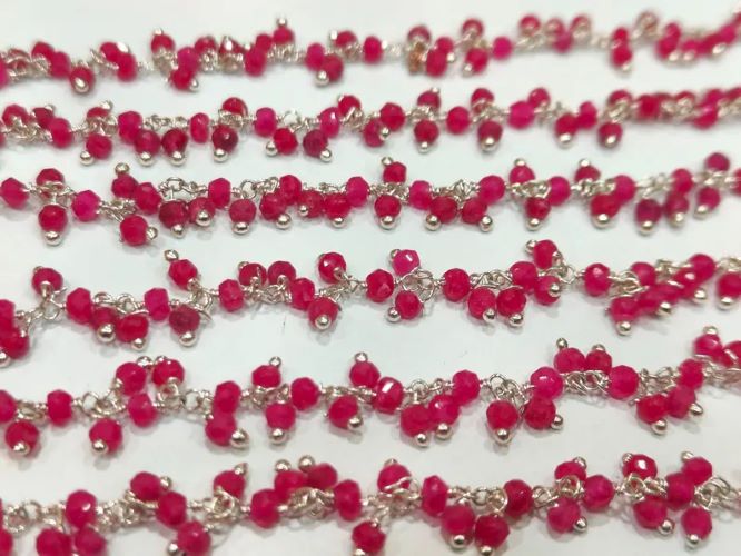 Ruby 3mm Rondelle Faceted Dangling Beaded Wire Wrapped Cluster Chains sold per foot