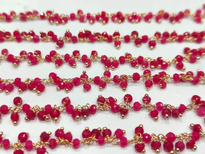 Ruby 3mm Rondelle Faceted Dangling Beaded Wire Wrapped Cluster Chains sold per foot