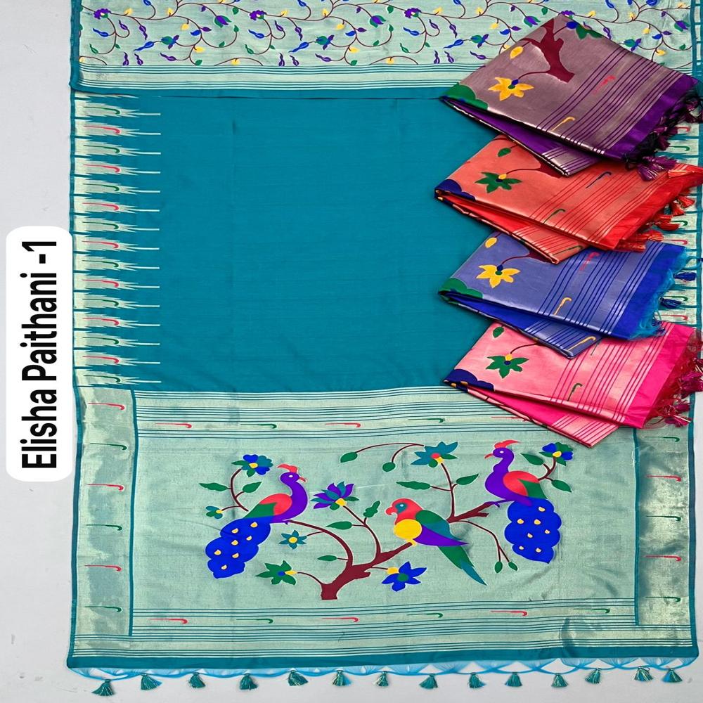 Premium Paithani Style Semi Raw Silk Saree With Peacock & Bird Pallu Design - Color: Teal Blue