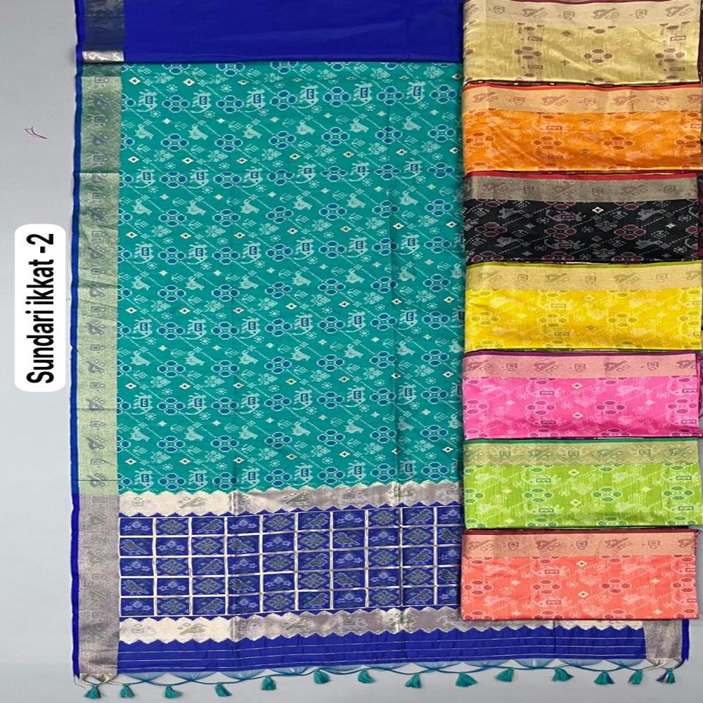 Premium Machine Loom Semi Raw Silk Ikkat Print Saree With Contrast Border - Color: Turquoise Blue