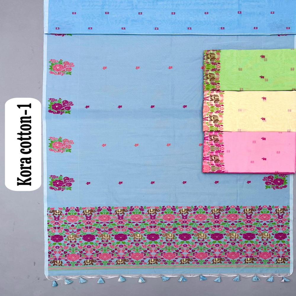 Kora Cotton Machine Loom Saree With Floral Weaving Border & Tassels - Color: Firozi
