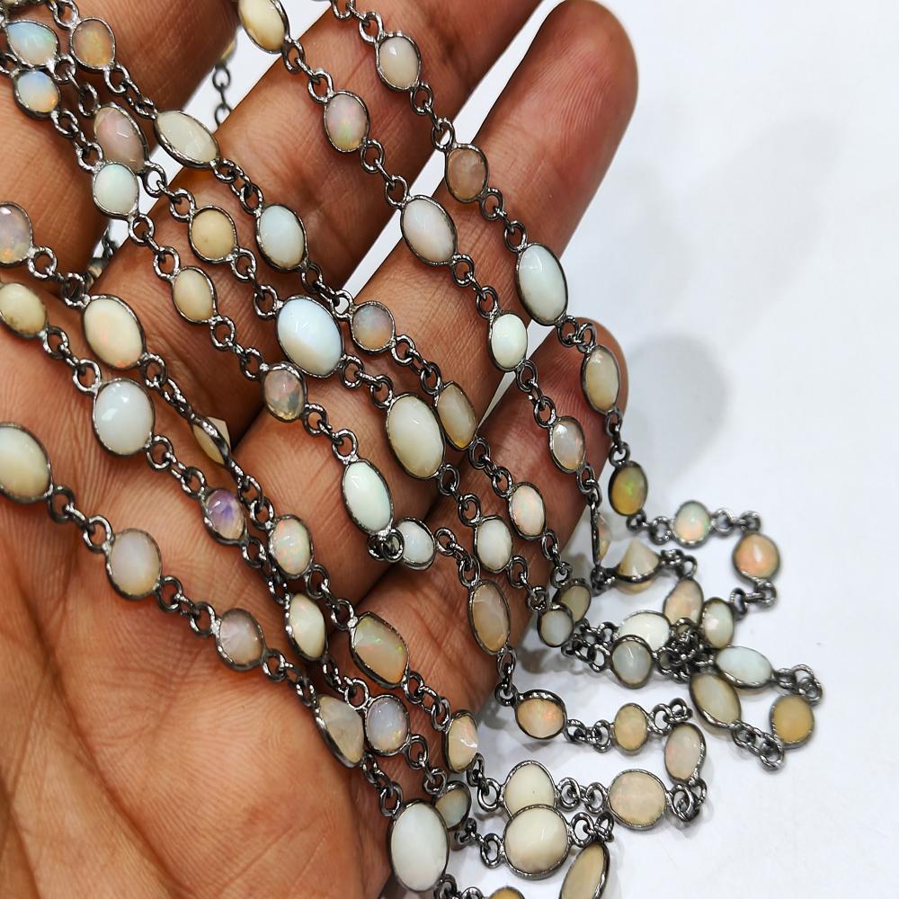 Natural Ethiopian Opal 5 to 10mm Briolette Mix Shape Bezel Connector Chain Sold per foot