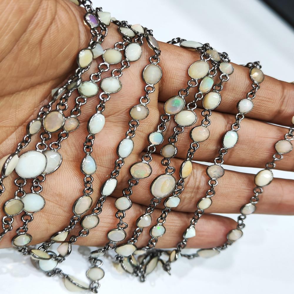 Natural Ethiopian Opal 5 to 10mm Briolette Mix Shape Bezel Connector Chain Sold per foot