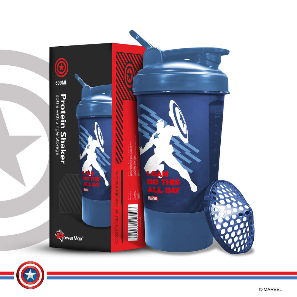 MSB-6S-CA-BL (600ml) Captain America Marvel Edition Protein Shaker Bottle with Single Storage
