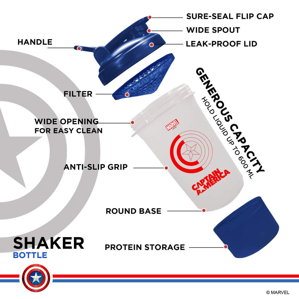 MSB-6S-CA-CL (600ml) Captain America Marvel Edition Protein Shaker Bottle with Single Storage
