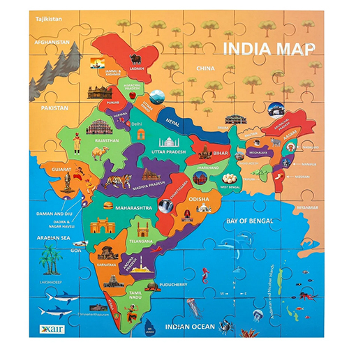 India Puzzle Map Cardboard with Flashcards