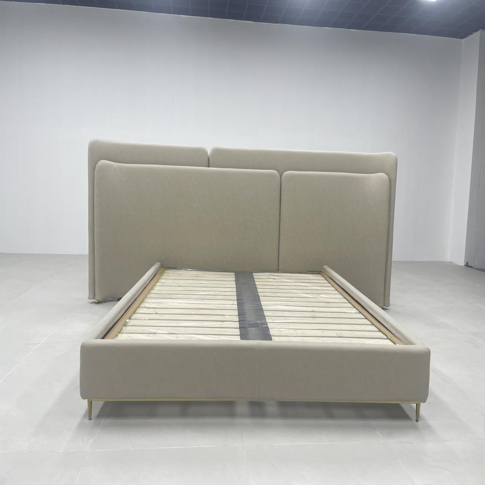 Modern Soft Beige Upholstered Bed, Oversized Padded Headboard Bed Frame with Gold Legs, Luxury Platform Bed for Bedroom