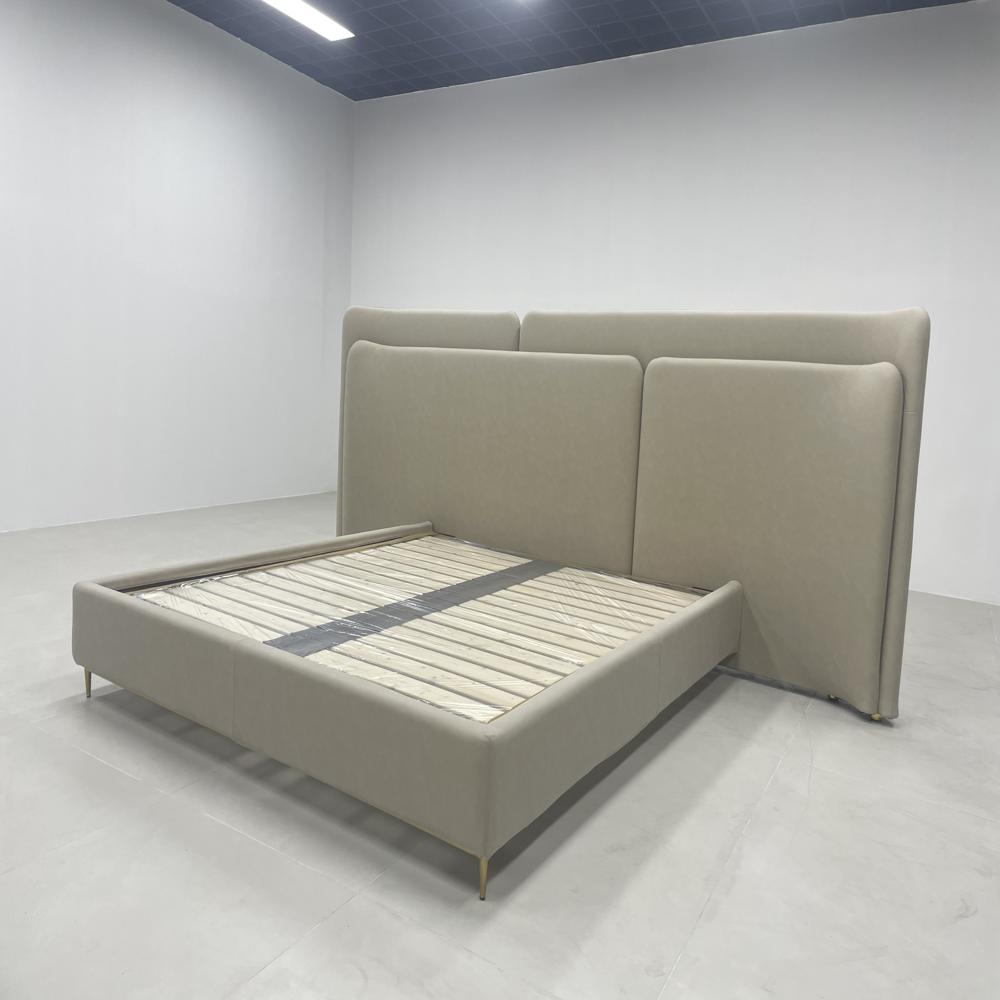 Modern Soft Beige Upholstered Bed, Oversized Padded Headboard Bed Frame with Gold Legs, Luxury Platform Bed for Bedroom