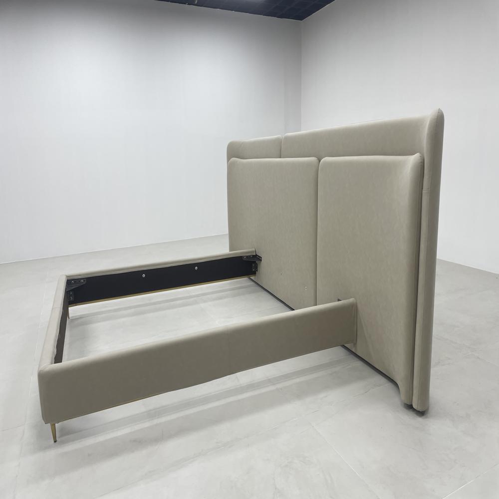 Modern Soft Beige Upholstered Bed, Oversized Padded Headboard Bed Frame with Gold Legs, Luxury Platform Bed for Bedroom