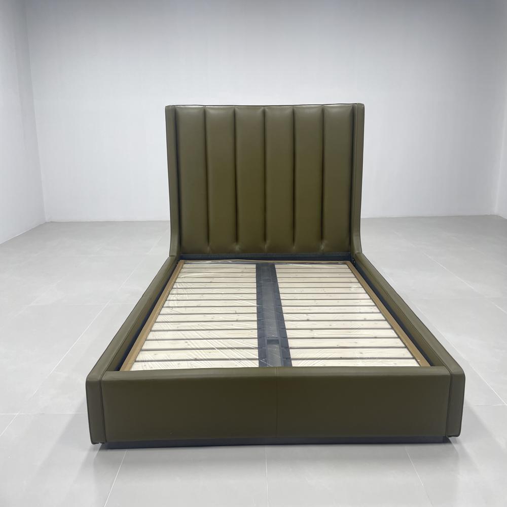 Modern Soft Vertical Channel Tufted Headboard Upholstered Bed, Olive Green Faux Leather Platform Bed Frame