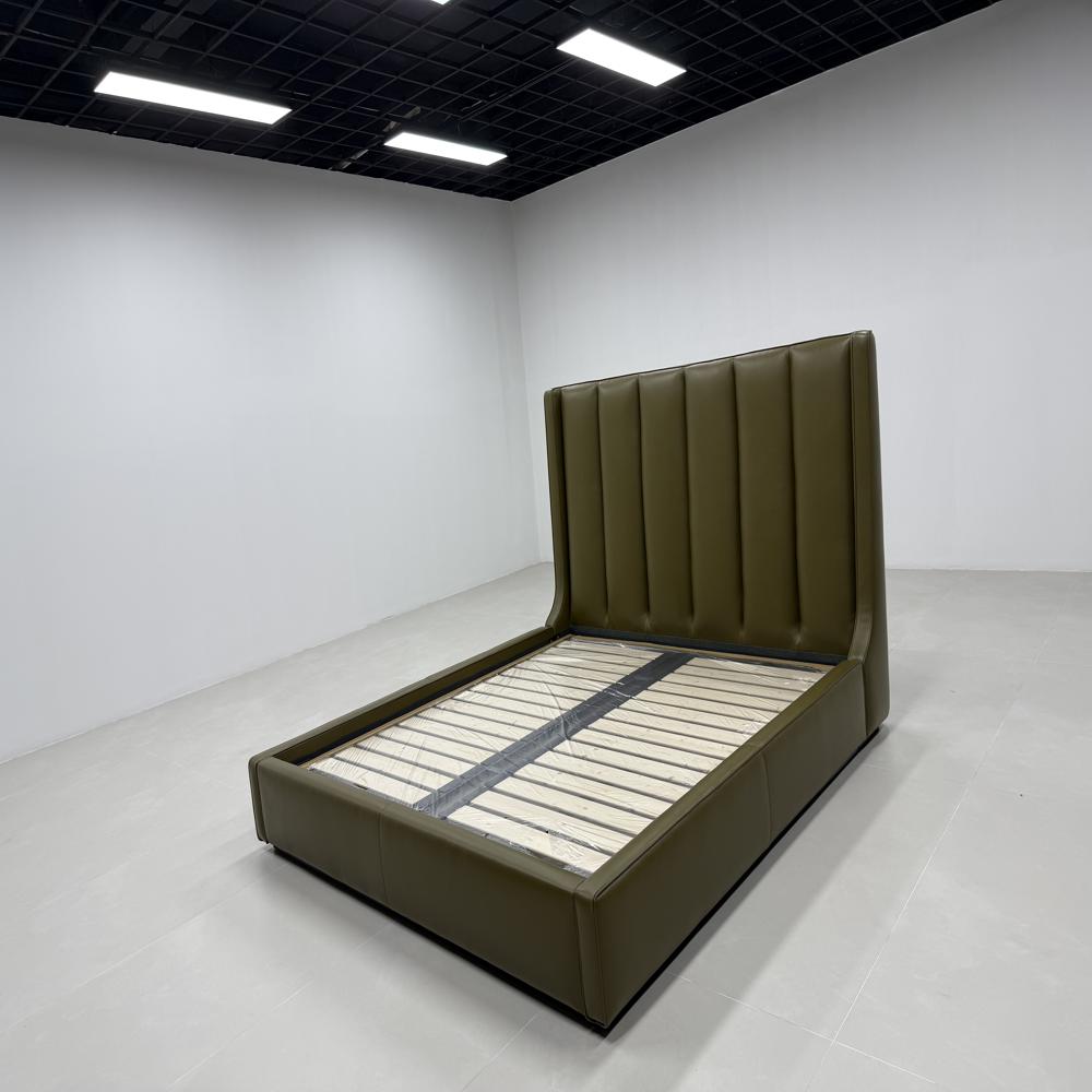 Modern Soft Vertical Channel Tufted Headboard Upholstered Bed, Olive Green Faux Leather Platform Bed Frame