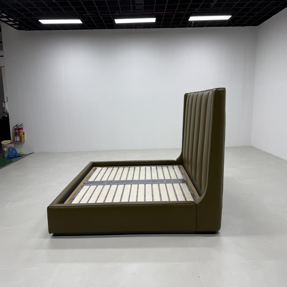 Modern Soft Vertical Channel Tufted Headboard Upholstered Bed, Olive Green Faux Leather Platform Bed Frame